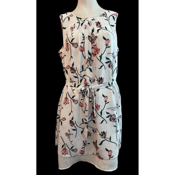 DR2 Medium Floral Sleeveless Pleated Lined Belted Dress Shift Sheath Rainn NWT - Picture 1 of 7